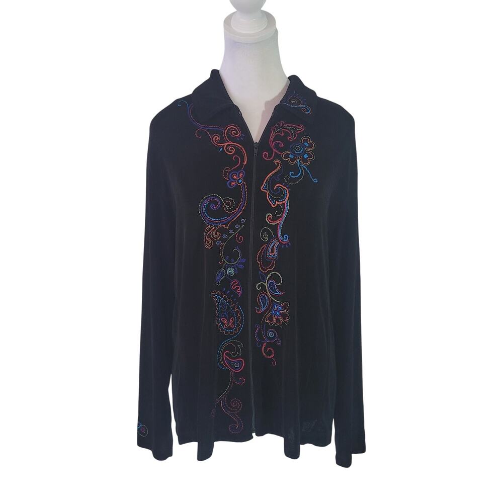 Chico's Size 2 US L Black Floral Embroidered Slinky Full Zip Long‎ Sleeve Jacket